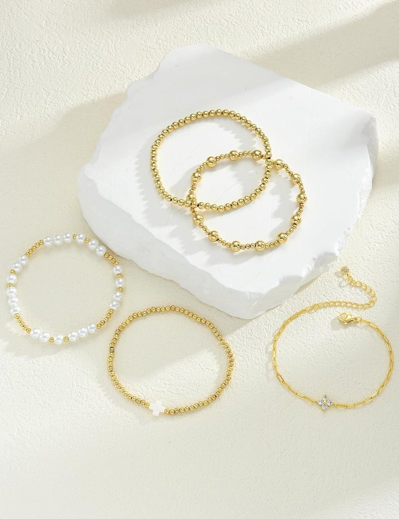 17mile Gold Beaded Bracelets for Women, 5 Pcs Dainty 14K Gold Plated Chunky Stretch Bead Ball Bracelet Stack - Image 4